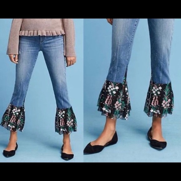 Anthropologie Denim - PILCRO Cropped Ruffle Fabric Hem Floral Flare Boho Cottagecore Summer Feminine